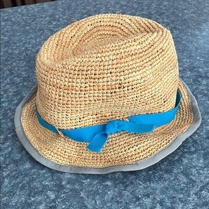 Woman’s Straw bucket hat-fedora with Blue Ribbon